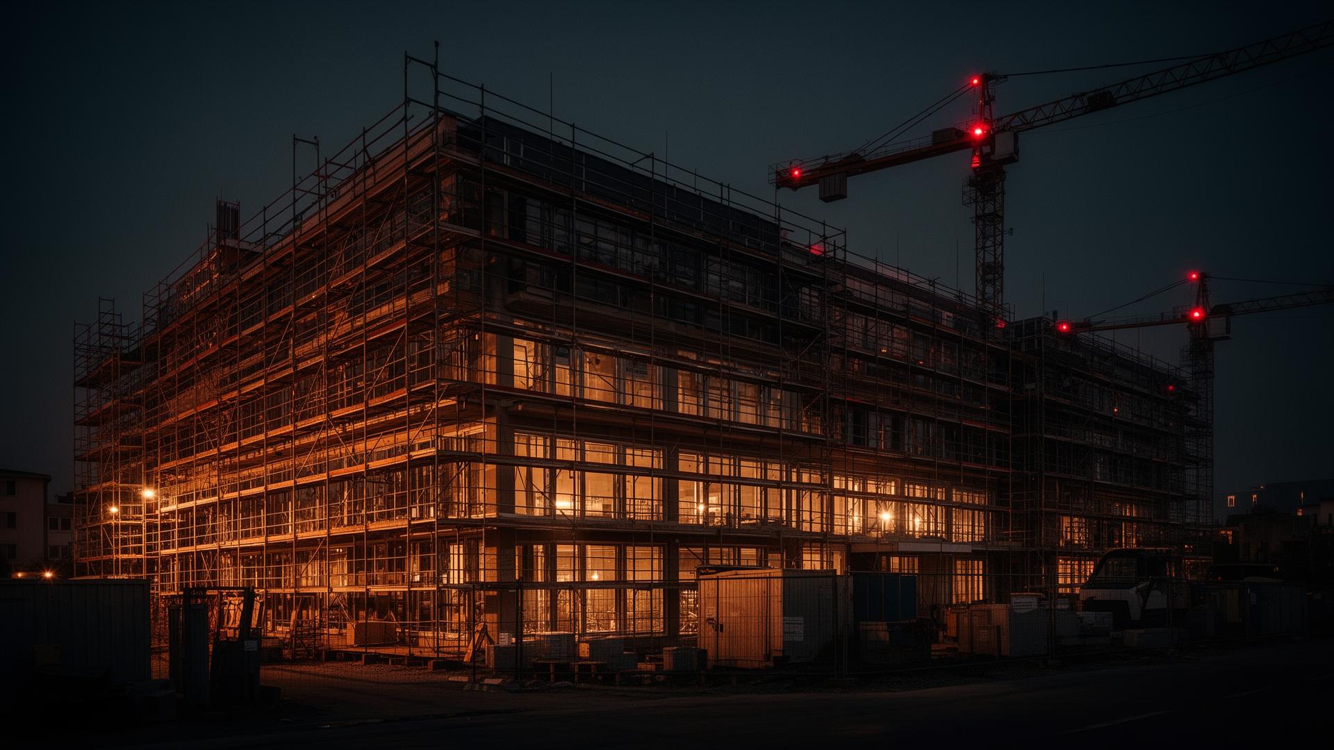 Moderne Baustelle bei Dämmerung